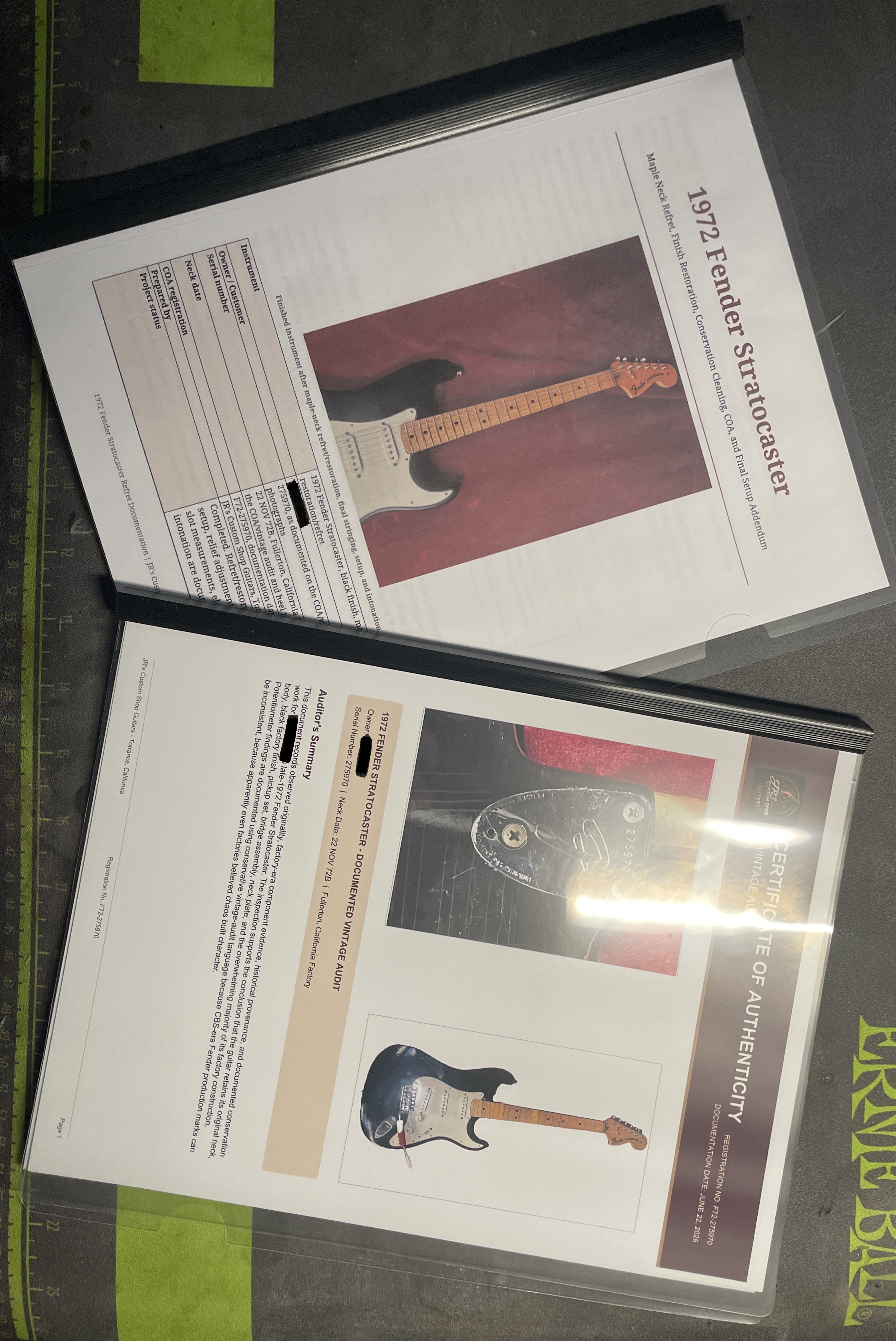 JR's Custom Shop service documentation booklets and certificate folder