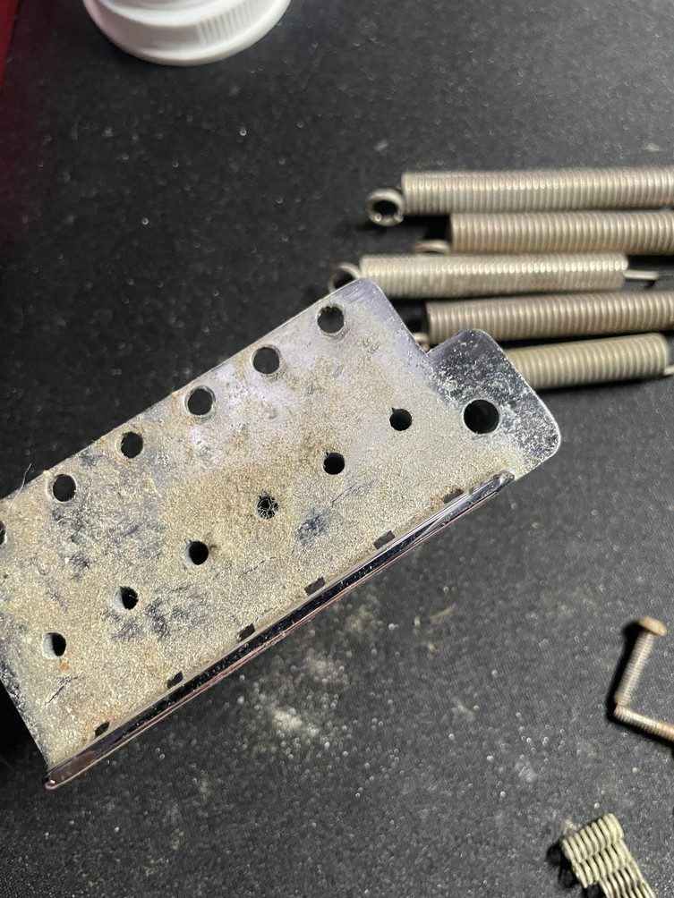 1972 Fender Stratocaster bridge parts cleaned during conservation