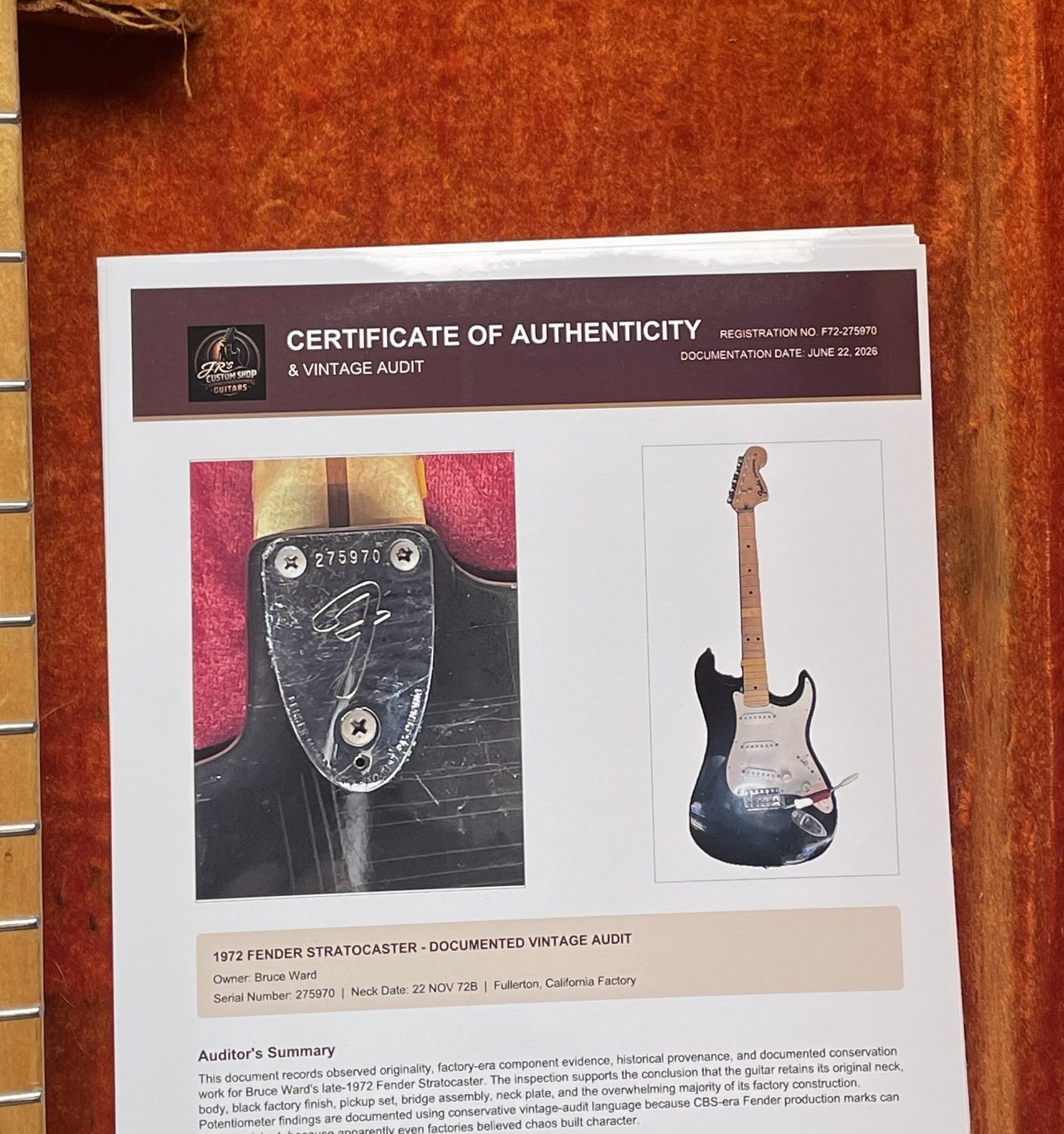 COA documentation for 1972 Fender Stratocaster vintage audit