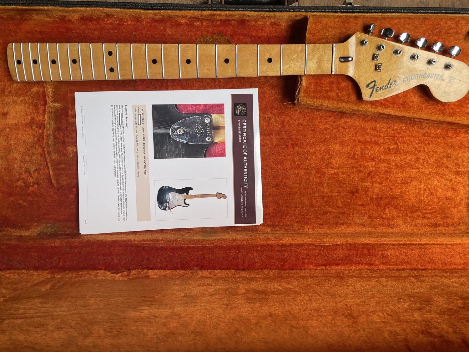 1972 Fender Stratocaster maple neck with redacted COA documentation