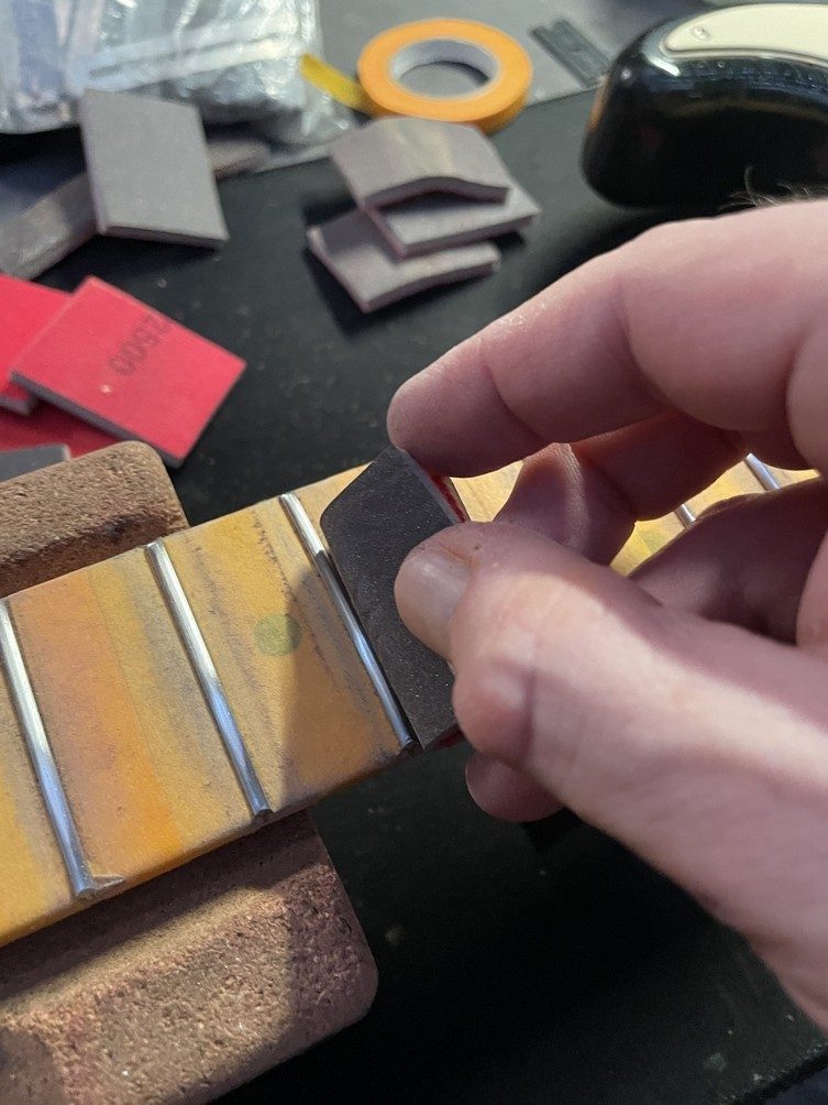 Final fret dressing on 1972 Fender Stratocaster maple neck