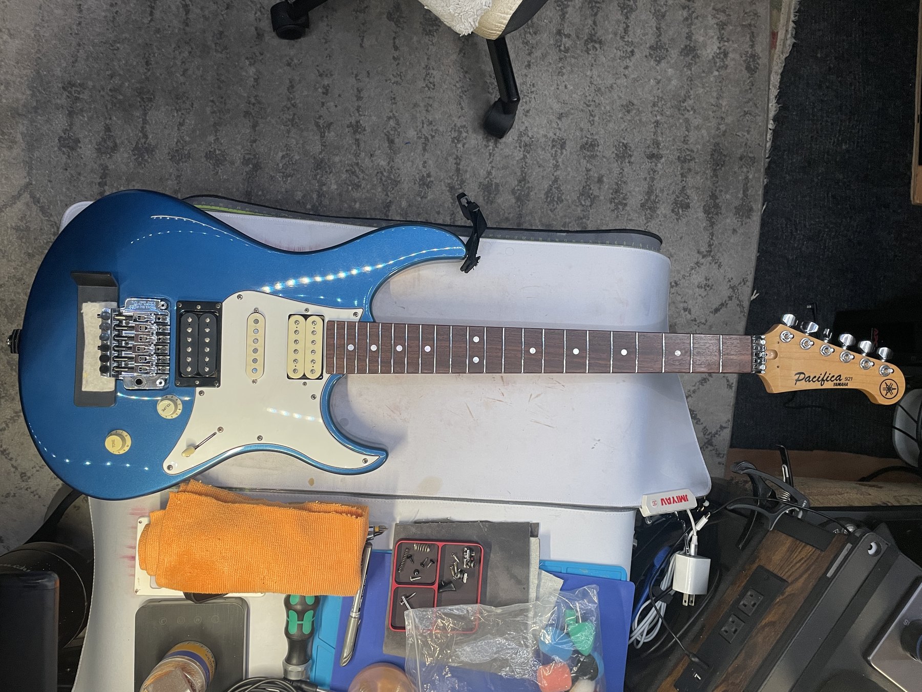 Blue Yamaha Pacifica 921 after refret and service reassembly