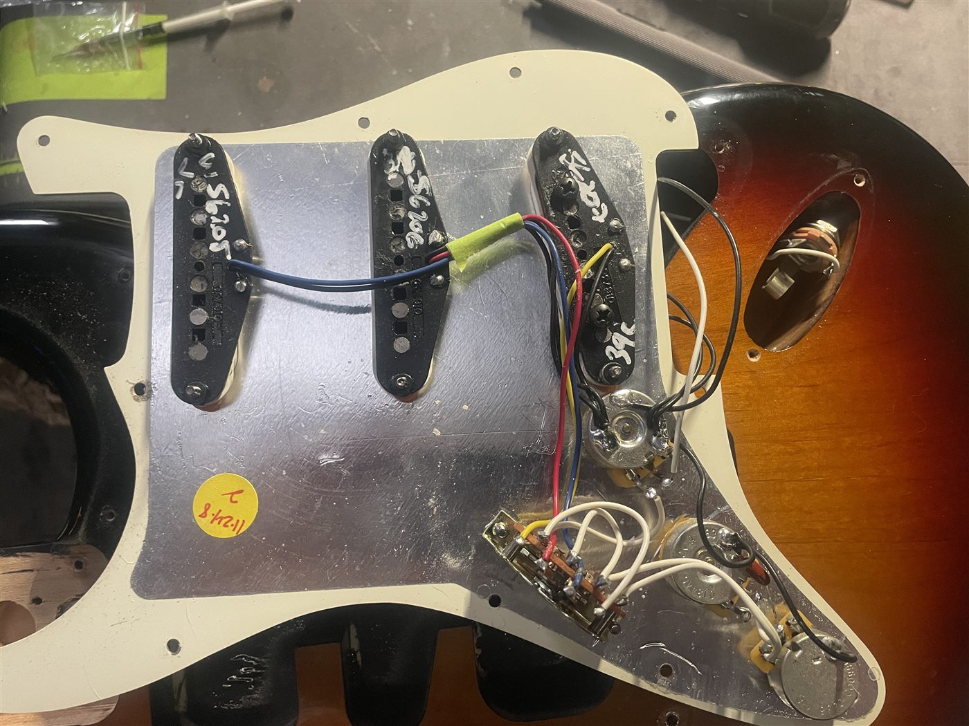 Open Stratocaster pickguard electronics inspection